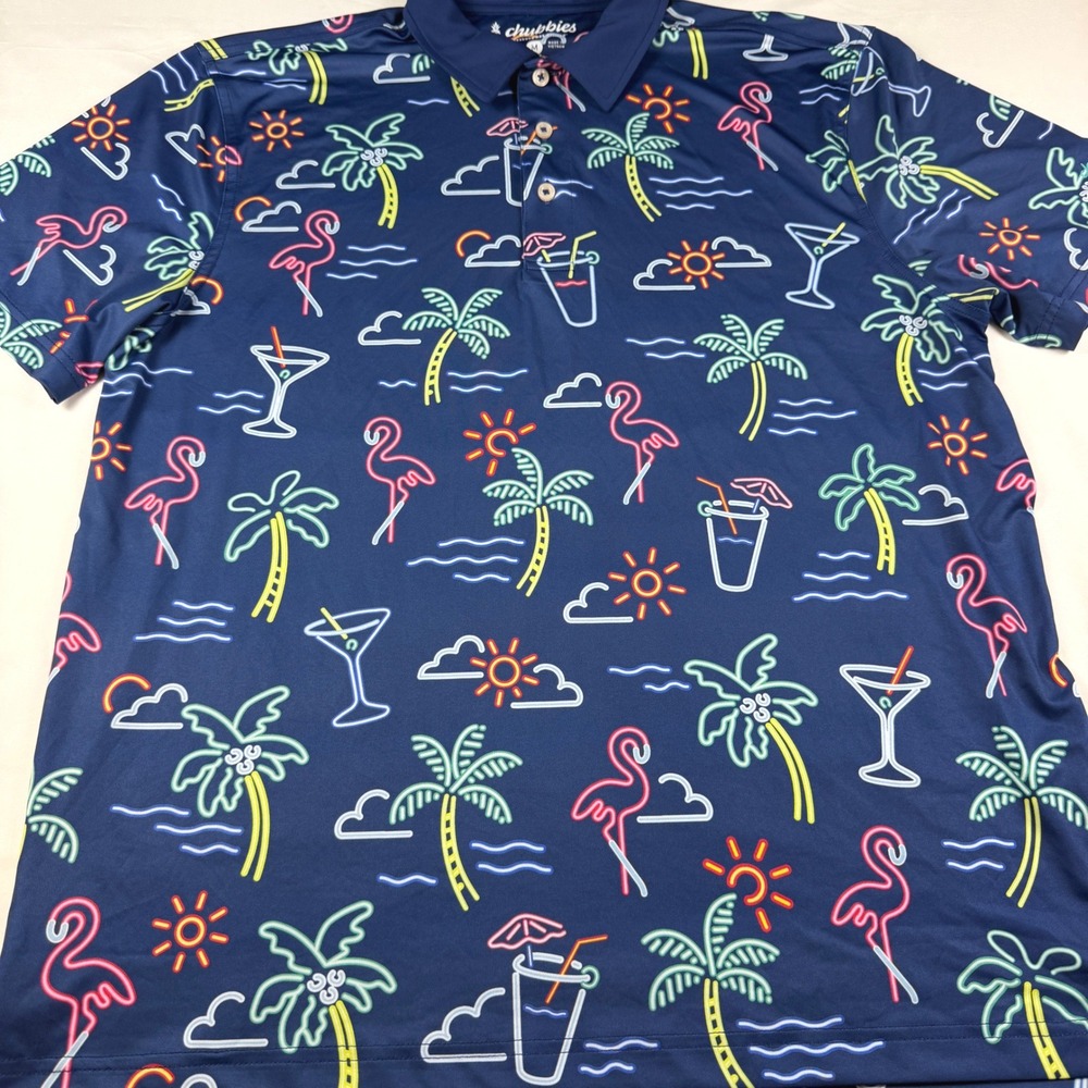 Chubbies Polo Shirt Mens Medium Navy Neon Flamingo Tropical SM23CA00735 Mens EUC